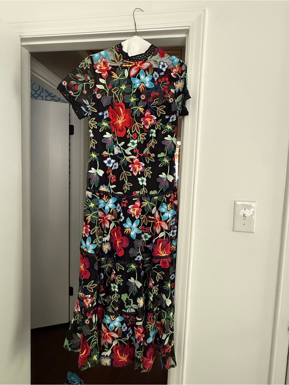 Black Floral Embroidered Mesh Midi Dress with Multicolor Blooms - Picture 4 of 5